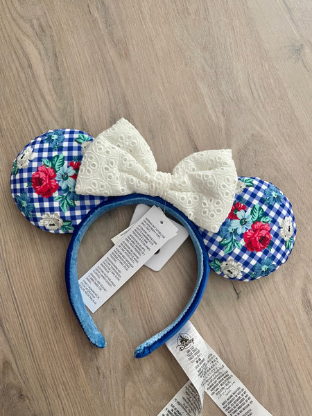 Disney Parks EPCOT Blue Gingham Floral Checkered Minnie Ears Headband New