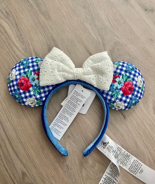 Disney Parks EPCOT Blue Gingham Floral Checkered Minnie Ears Headband New