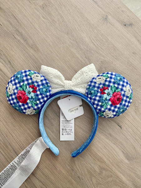 Disney Parks EPCOT Blue Gingham Floral Checkered Minnie Ears Headband New